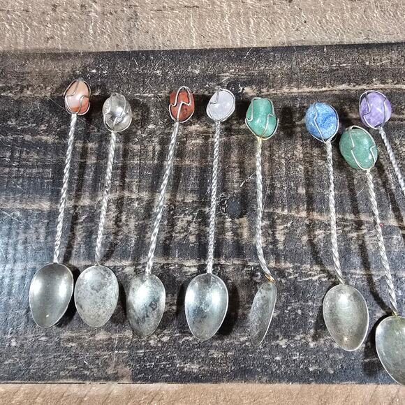 Vintage Semi Precious Stone Demitasse Spoons Set of 10 Twisted/Wire wrapped - Picture 3 of 6